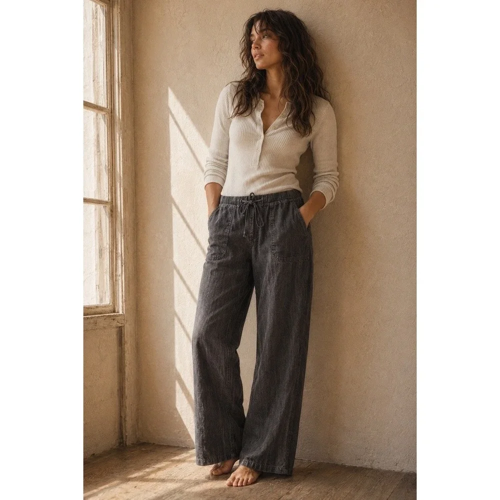 Zara Women Dark denim Linen Blend Wide Leg Elastic Waist Drawstring Pants Large
